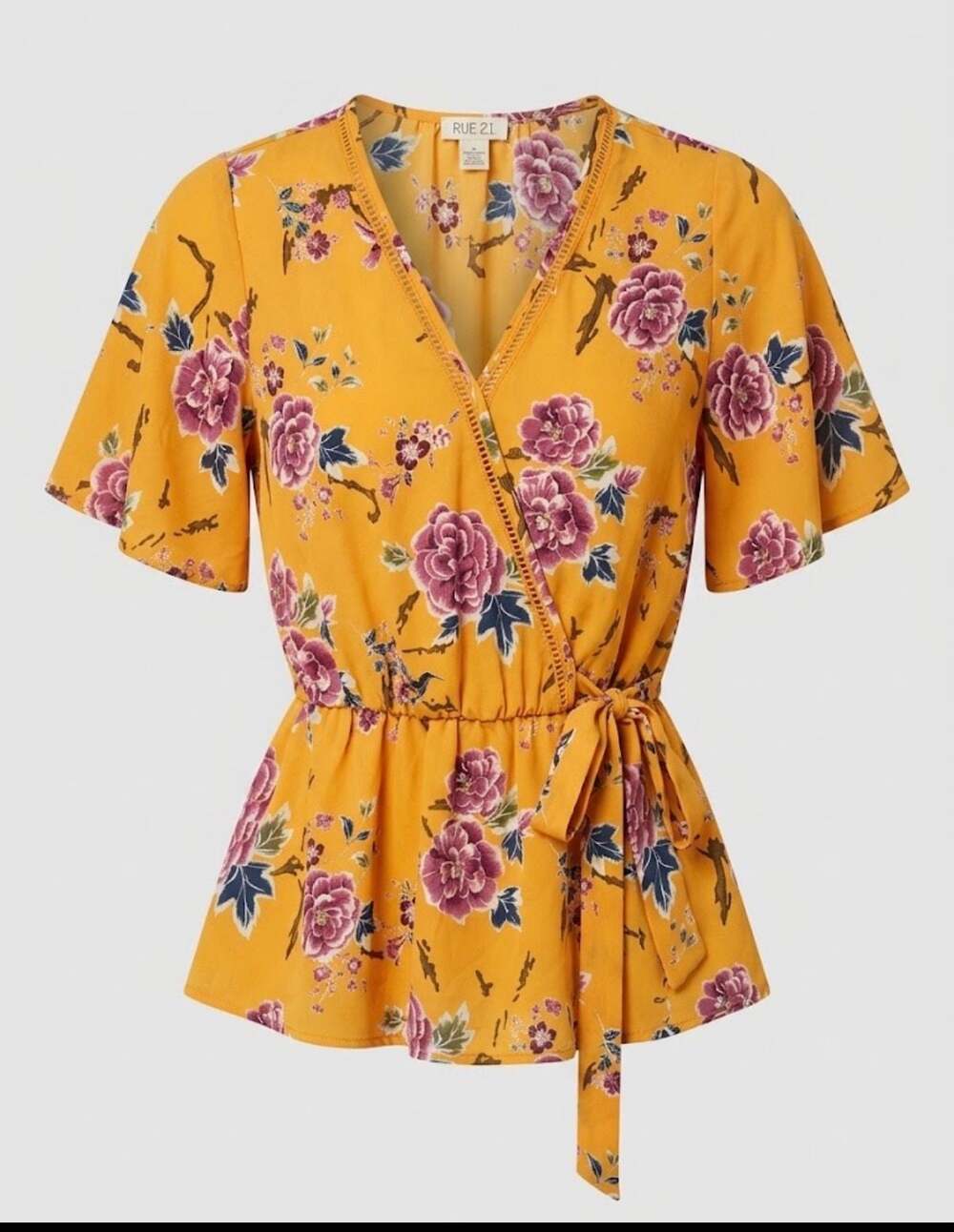 Sienna Sky Yellow Floral V-Neck Wrap Tie Peplum Blouse Small
